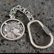 Load image into Gallery viewer, Goddess Athena &amp; Owl of Wisdom Silver Keychain - Athens Tetradrachm
