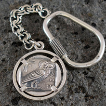 Load image into Gallery viewer, Goddess Athena &amp; Owl of Wisdom Silver Keychain - Athens Tetradrachm
