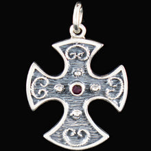 Load image into Gallery viewer, Double Sided Byzantine Silver Cross With Ruby &amp; Emerald
