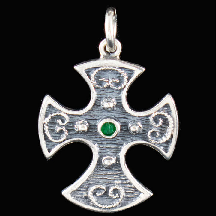 Double Sided Byzantine Silver Cross With Ruby & Emerald