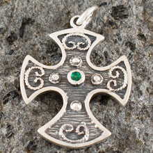 Load image into Gallery viewer, Double Sided Byzantine Silver Cross With Ruby &amp; Emerald
