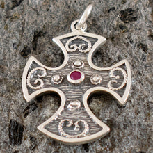 Load image into Gallery viewer, Double Sided Byzantine Silver Cross With Ruby &amp; Emerald
