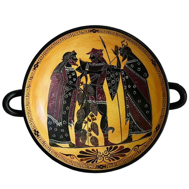 Dionysus God of wine and Hermes messenger of the Gods Black Figure small Kylix