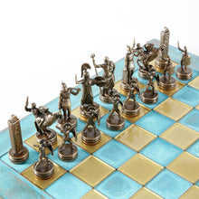 Load image into Gallery viewer, Greek Mythology Chess Set - Blue Copper Pawns - Blue oxidized chess Board
