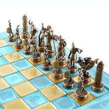 Load image into Gallery viewer, Greek Mythology Chess Set - Brass Copper Pawns - Blue oxidized chess Board
