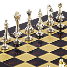 Load image into Gallery viewer, Classic Metal Staunton Chess Set - Brass Nickel Pawns - Red chess Board
