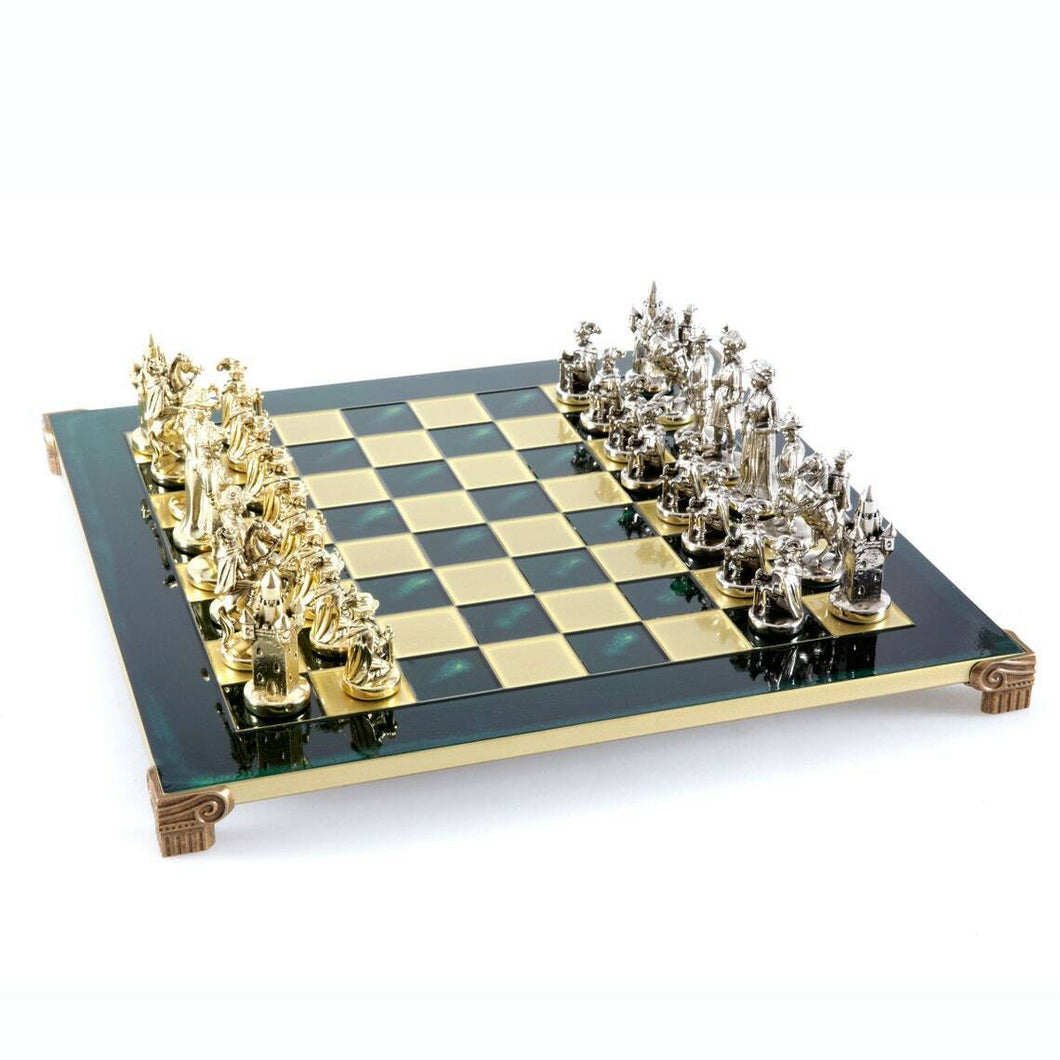 Knights Large Chess Set - Brass Nickel Pawns - Green chess Board