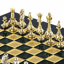 Load image into Gallery viewer, Classic Metal Staunton small Chess Set - Brass Nickel Pawns - Green chess Board
