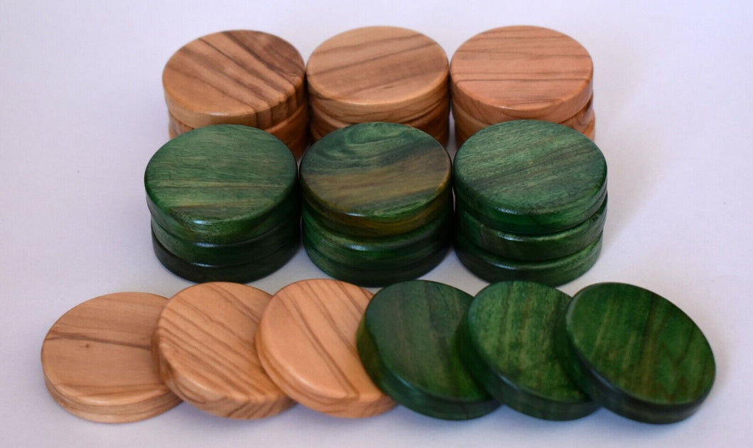 30 Natural Olive Wood - Green Color Backgammon Checkers - Chips 1.4 inches