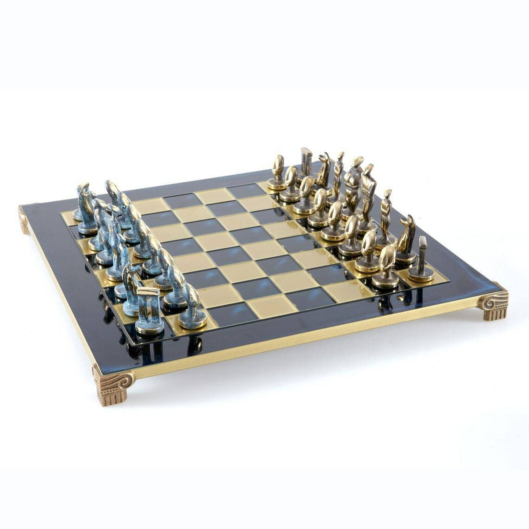 Cycladic Art Large Chess Set - Bronze Material - Blue Handmade Board