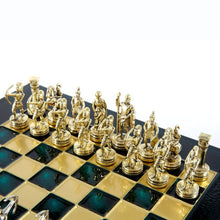 Load image into Gallery viewer, Archers Small Chess Set - Brass Nickel Pawns - Green chess Board
