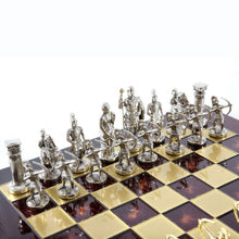 Load image into Gallery viewer, Archers Large Chess Set - Brass Nickel Pawns - Red chess Board
