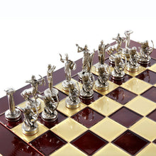 Load image into Gallery viewer, Hercules Chess Set - Brass Nickel Pawns - Red chess Board
