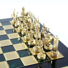 Load image into Gallery viewer, Greek Mythology Chess Set - Brass Nickel Pawns - Green chess Board
