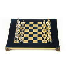 Load image into Gallery viewer, Classic Metal Staunton small Chess Set - Brass Nickel Pawns - Blue chess Board
