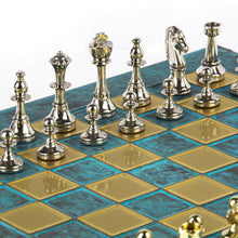 Load image into Gallery viewer, Classic Metal Staunton Chess Set - Brass Nickel Pawns Blue oxidized chess Board
