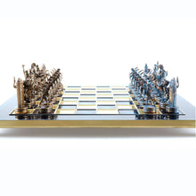 Load image into Gallery viewer, Greek Mythology Chess Set - Blue Copper Pawns - Blue chess Board
