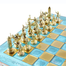 Load image into Gallery viewer, Greek Mythology Chess Set - Brass Copper Pawns - Blue oxidized chess Board
