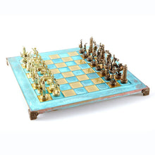 Load image into Gallery viewer, Greek Mythology Chess Set - Brass Copper Pawns - Blue oxidized chess Board
