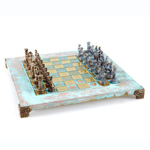 Load image into Gallery viewer, Greek Roman Army Chess Set - Blue Copper Pawns - Blue oxidized chess Board
