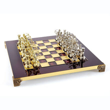 Load image into Gallery viewer, Archers Small Chess Set - Brass Nickel Pawns - Red chess Board
