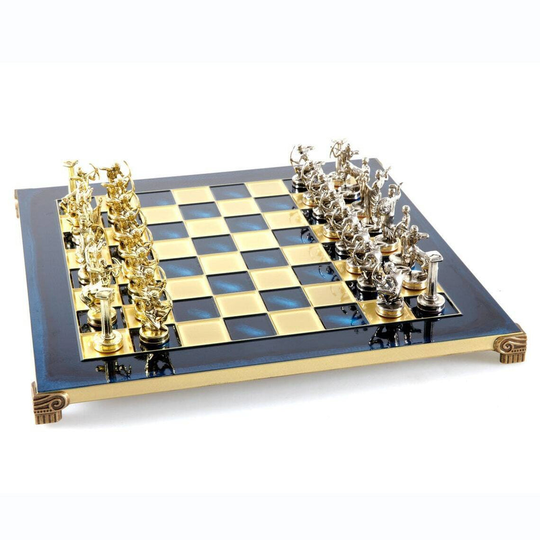 Hercules Chess Set - Brass Nickel Pawns - Blue chess Board