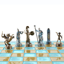 Load image into Gallery viewer, Greek Mythology Chess Set - Blue Copper Pawns - Blue oxidized chess Board
