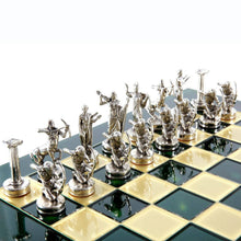 Load image into Gallery viewer, Hercules Chess Set - Brass Nickel Pawns - Green chess Board
