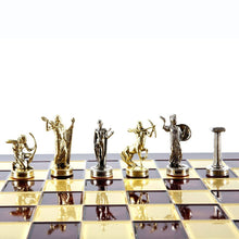 Load image into Gallery viewer, Hercules Chess Set - Brass Nickel Pawns - Red chess Board
