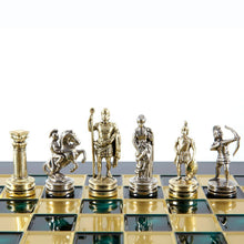 Load image into Gallery viewer, Archers Small Chess Set - Brass Nickel Pawns - Green chess Board
