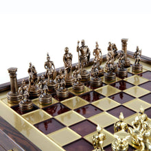 Load image into Gallery viewer, Greek Roman Army Chess Set - Brass Copper Pawns - Red Wooden case Board
