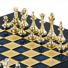 Load image into Gallery viewer, Classic Metal Staunton small Chess Set - Brass Nickel Pawns - Blue chess Board
