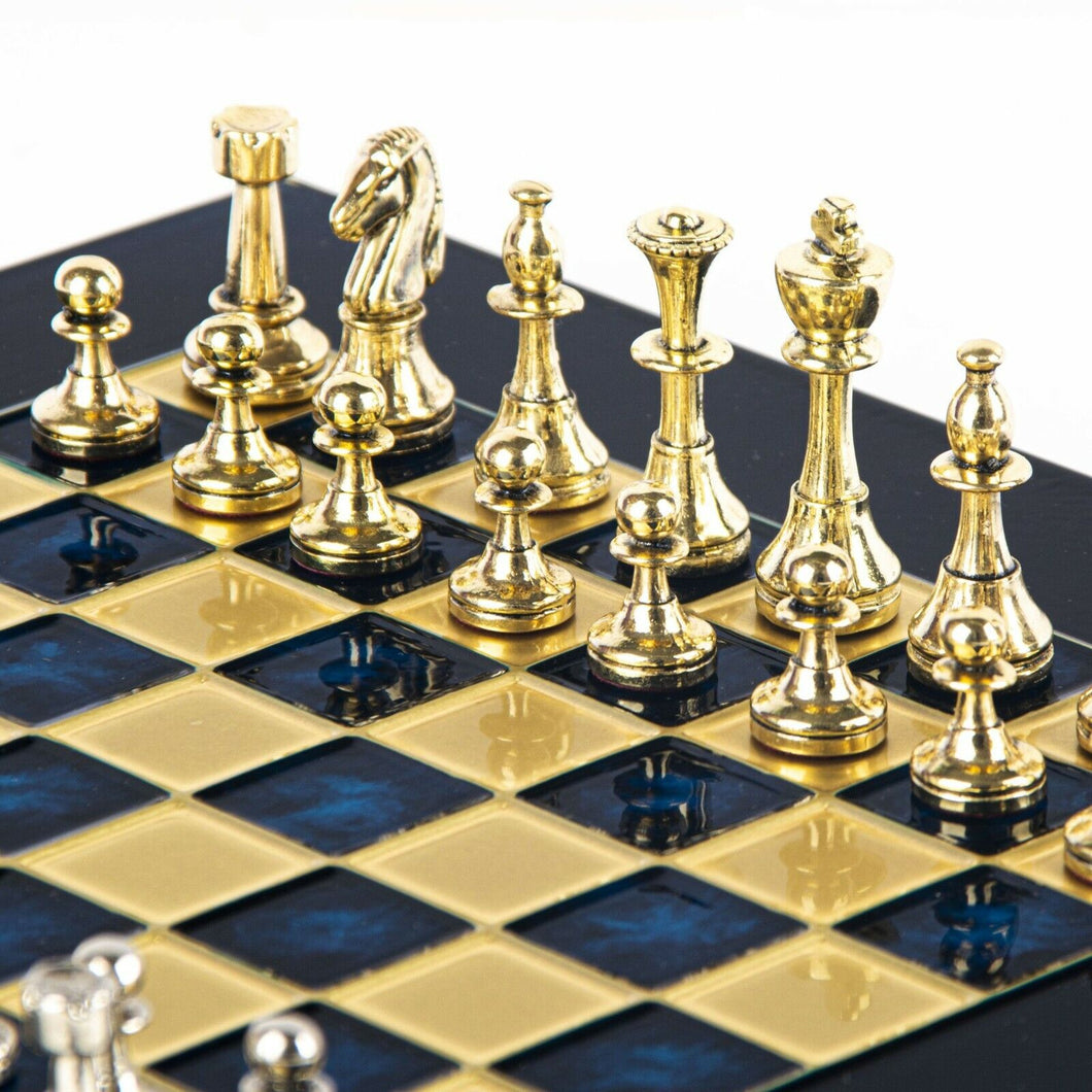 Classic Metal Staunton small Chess Set - Brass Nickel Pawns - Blue chess Board