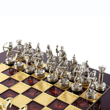 Load image into Gallery viewer, Archers Small Chess Set - Brass Nickel Pawns - Red chess Board
