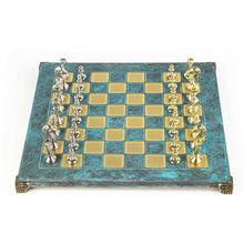 Load image into Gallery viewer, Classic Metal Staunton Chess Set - Brass Nickel Pawns Blue oxidized chess Board
