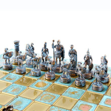 Load image into Gallery viewer, Greek Roman Army Chess Set - Blue Copper Pawns - Blue oxidized chess Board
