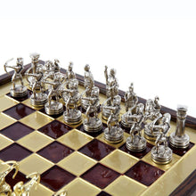 Load image into Gallery viewer, Archers Small Chess Set - Brass Nickel Pawns - Red Brass Wooden case Board
