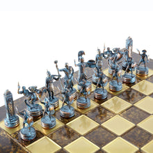 Load image into Gallery viewer, Greek Mythology Chess Set - Blue Copper Pawns - Brown chess Board
