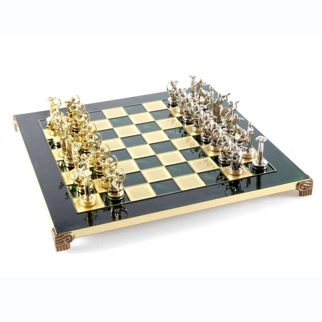 Hercules Chess Set - Brass Nickel Pawns - Green chess Board