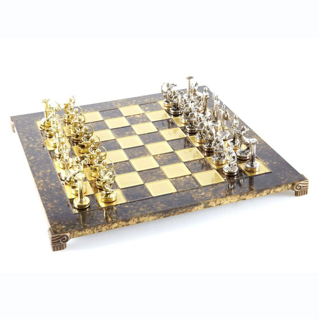 Hercules Chess Set - Brass Nickel Pawns - Brown chess Board