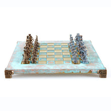 Load image into Gallery viewer, Greek Roman Army Chess Set - Blue Copper Pawns - Blue oxidized chess Board
