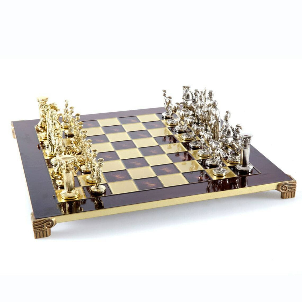 Greek Roman Army Large Chess Set - Brass Nickel Pawns - Red chess Board