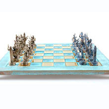 Load image into Gallery viewer, Greek Mythology Chess Set - Blue Copper Pawns - Blue oxidized chess Board
