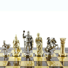 Load image into Gallery viewer, Greek Roman Army Large Chess Set - Brass Nickel Pawns - Brown chess Board
