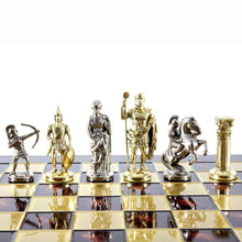 Load image into Gallery viewer, Archers Large Chess Set - Brass Nickel Pawns - Red chess Board
