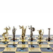 Load image into Gallery viewer, Hercules Chess Set - Brass Nickel Pawns - Blue chess Board
