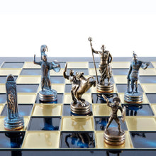 Load image into Gallery viewer, Greek Mythology Chess Set - Blue Copper Pawns - Blue chess Board
