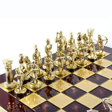 Load image into Gallery viewer, Archers Large Chess Set - Brass Nickel Pawns - Red chess Board
