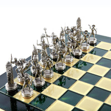 Load image into Gallery viewer, Greek Mythology Chess Set - Brass Nickel Pawns - Green chess Board
