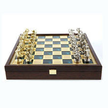 Load image into Gallery viewer, Hercules Chess Set - Brass Nickel Pawns - Green Wooden case Board
